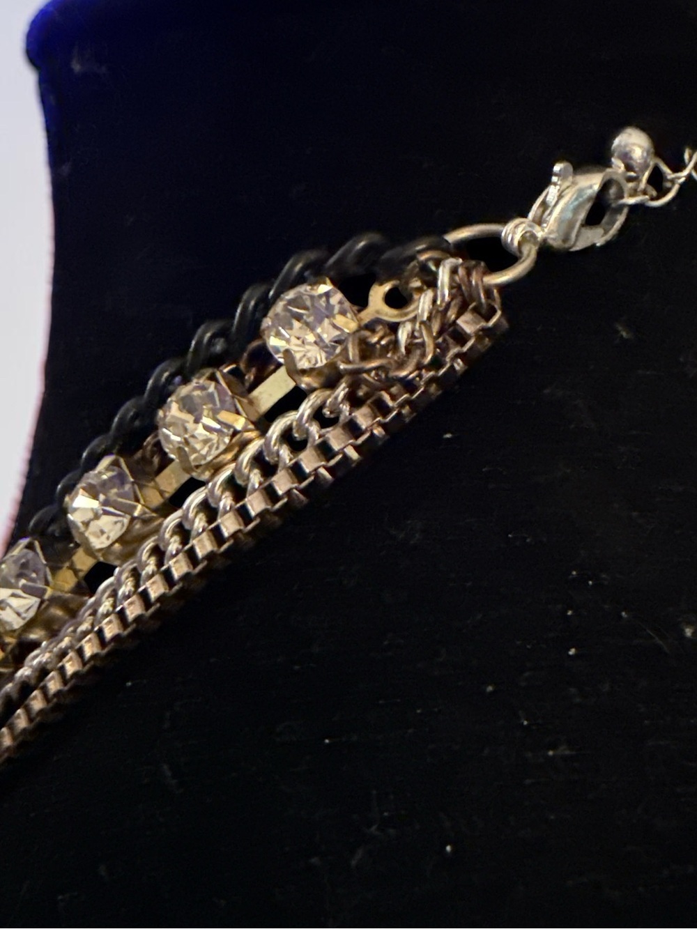 Statement Multi-Strand Chain & Rhinestone Necklace | Mixed Metal 18” - Picture 6 of 6